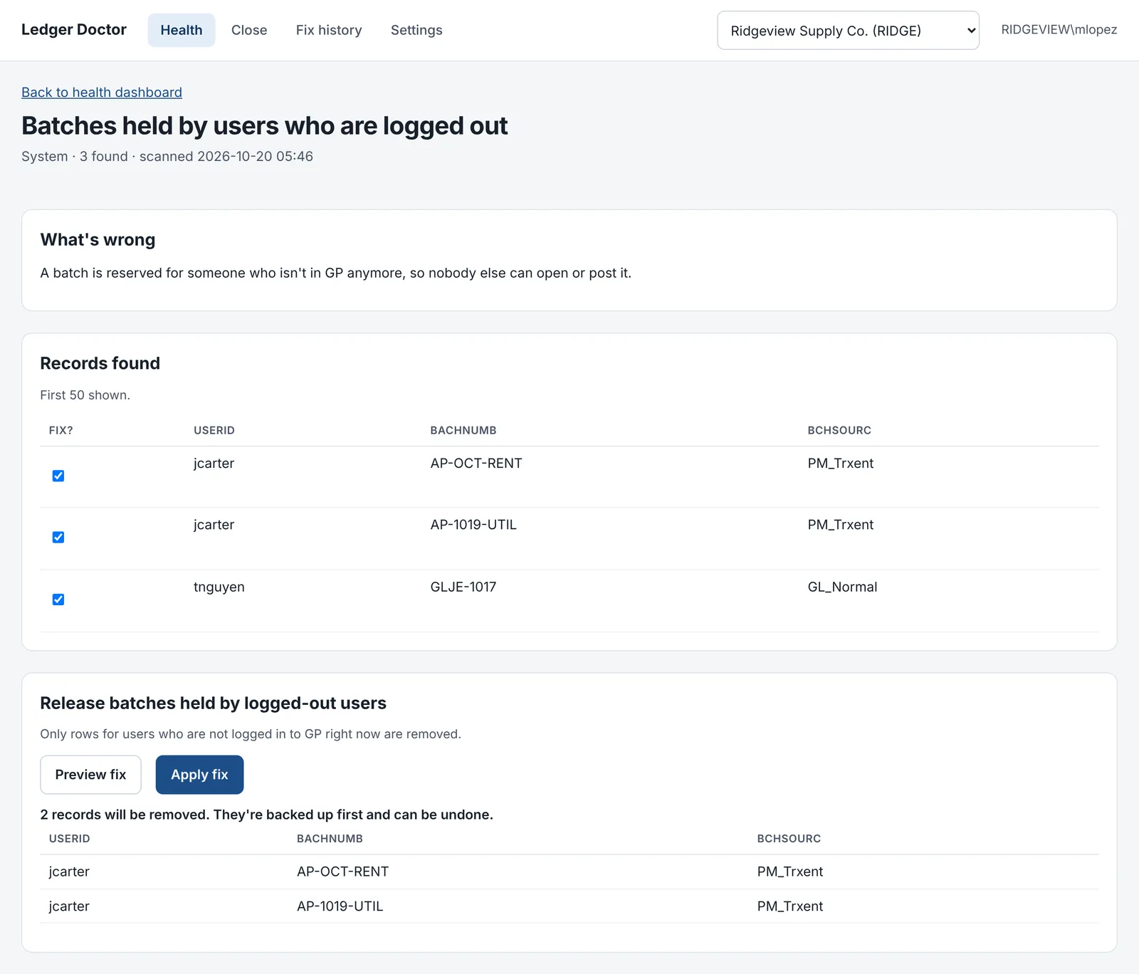 Ledger Doctor issue page for batches held by logged-out users, with three batches found and a preview showing two will be released.